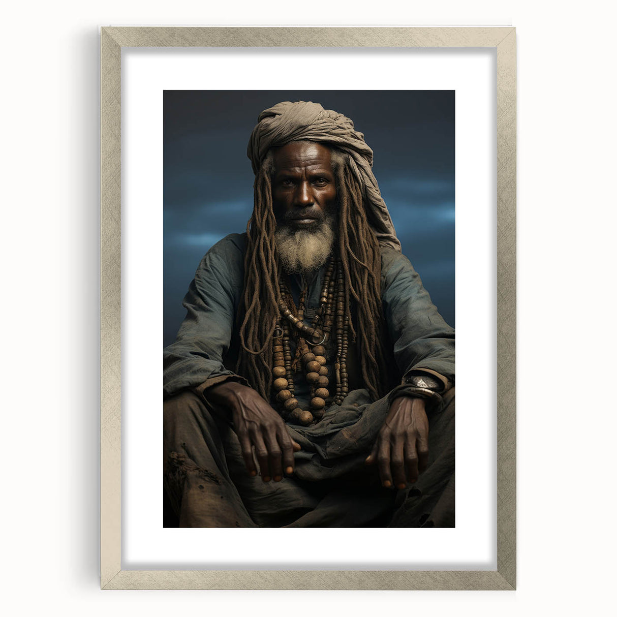Abstract art print featuring a stylized African landscape in earthy tones on a silver-framed mat.