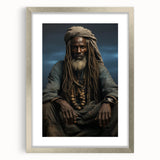 Abstract art print featuring a stylized African landscape in earthy tones on a silver-framed mat.