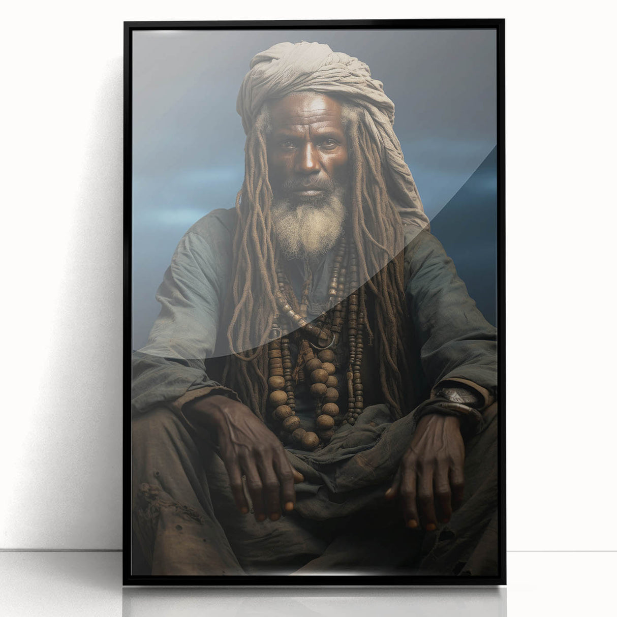 Large abstract wall art depicting a Mali scenery in muted earth tones on a framed acrylic.