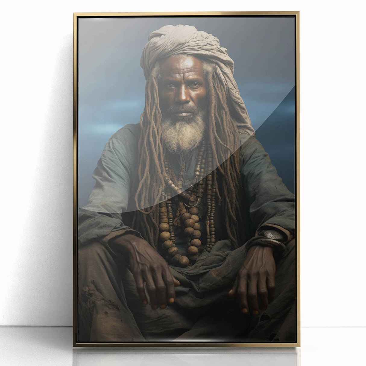 Mid-century modernist art depicting a Mali landscape in gold and earth tones on a framed acrylic.