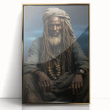 Mid-century modernist art depicting a Mali landscape in gold and earth tones on a framed acrylic.
