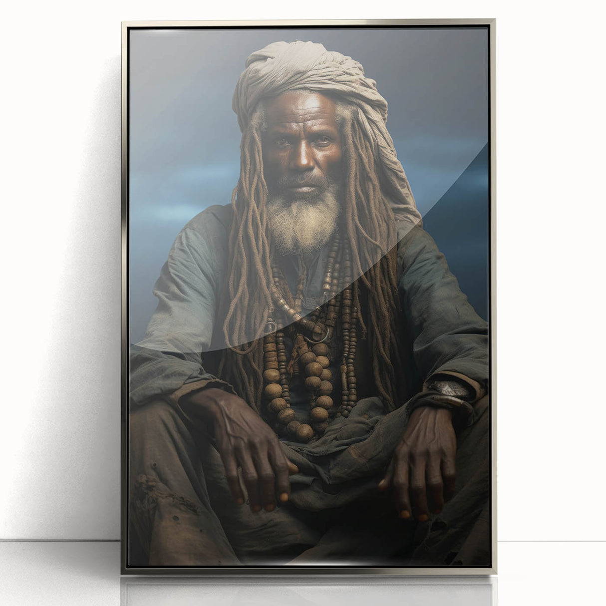 Art deco poster of Mali scenery in silver frame, acrylic print, featuring earth tones, ideal for modern art wall decor.