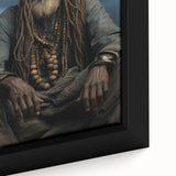Framed canvas depicting a textured Mali landscape in black with colorful accents, ideal for living room decor.