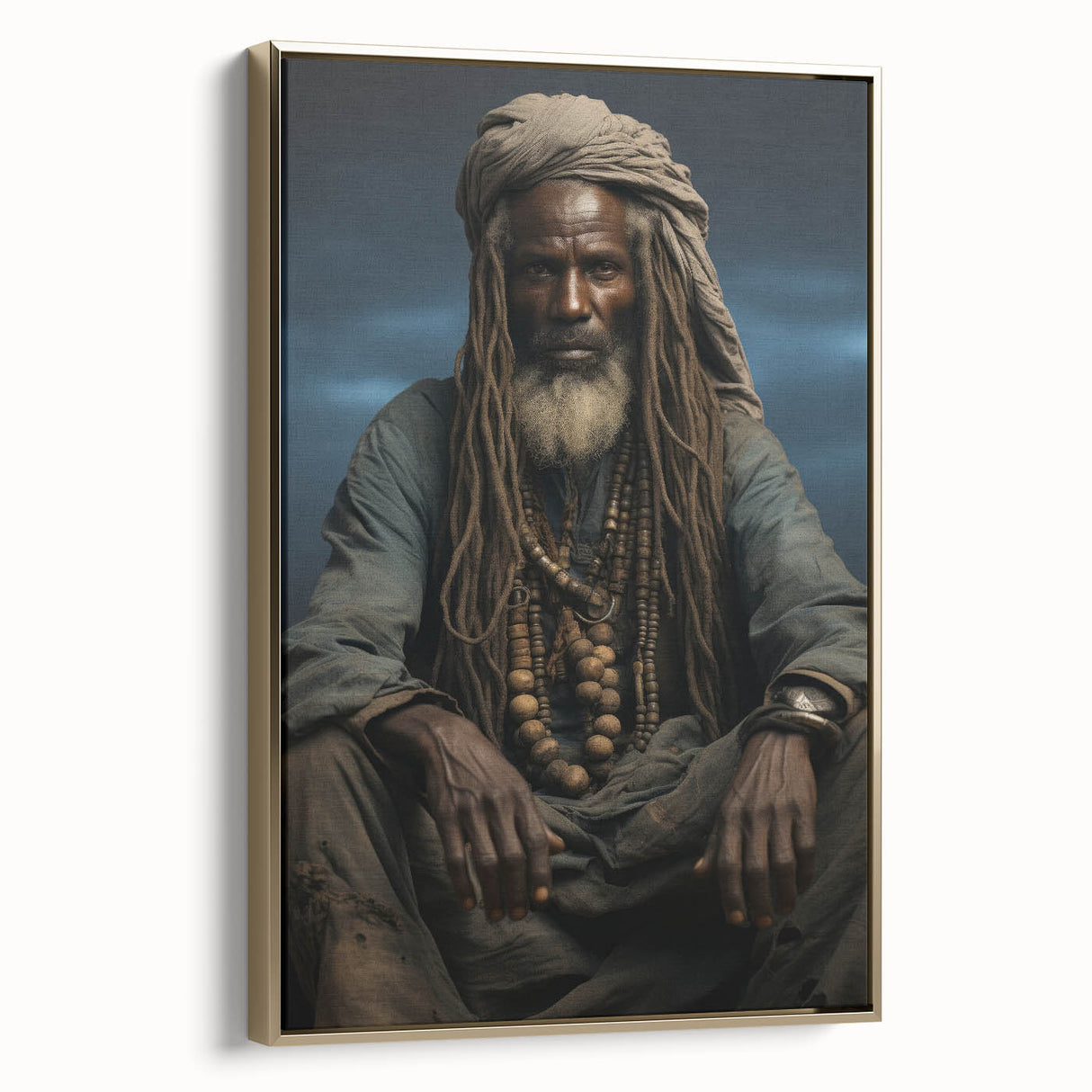 Vintage poster art of a Mali scenery on a framed canvas, featuring vibrant earth tones, ideal for living room decor.