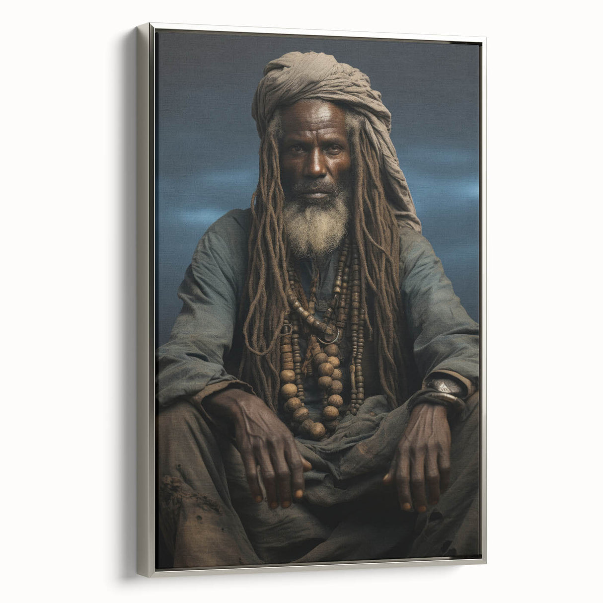 Framed canvas depicting a serene Mali landscape in muted earth tones, ideal for bedroom wall decor.