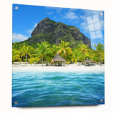 Acrylic print of a Mauritius landscape in vibrant greens and blues, ideal for bedroom or dining room decor.