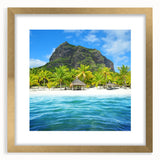 Textured abstract art print of a Mauritian landscape in muted earth tones on a framed canvas, suitable for bedroom decor.