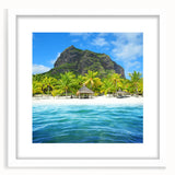 Extra large abstract art print of a Mauritian landscape in textured tones, framed in white, ideal for living room decor.