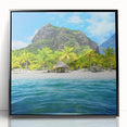 Large abstract wall art depicting a Mauritian landscape in vibrant colors on a framed acrylic print.