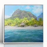 Framed acrylic print of a serene Mauritius landscape in soft blue and green tones, ideal for modern art wall decor.