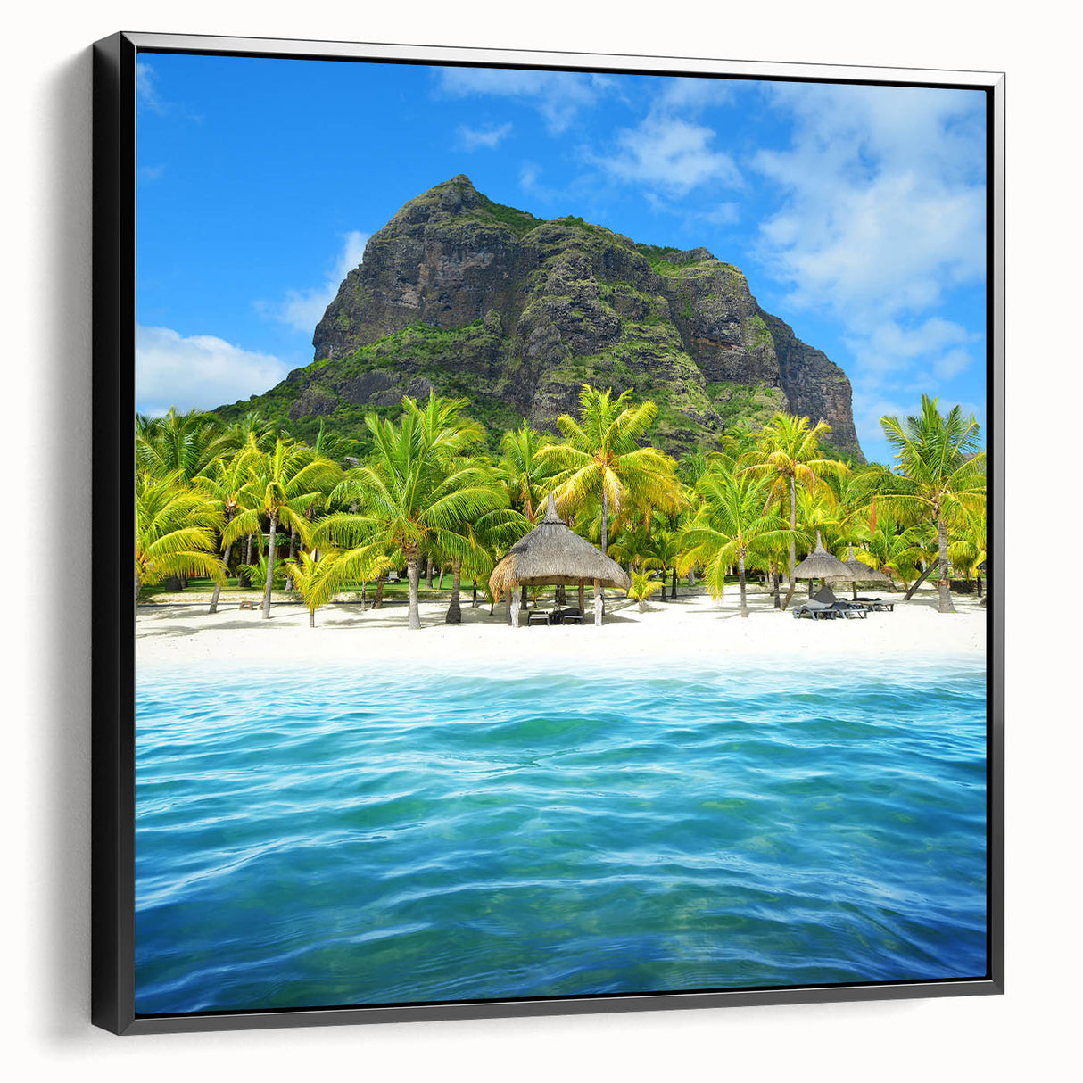 Black and white framed canvas depicting a peaceful Mauritius landscape, ideal for bedroom wall art.