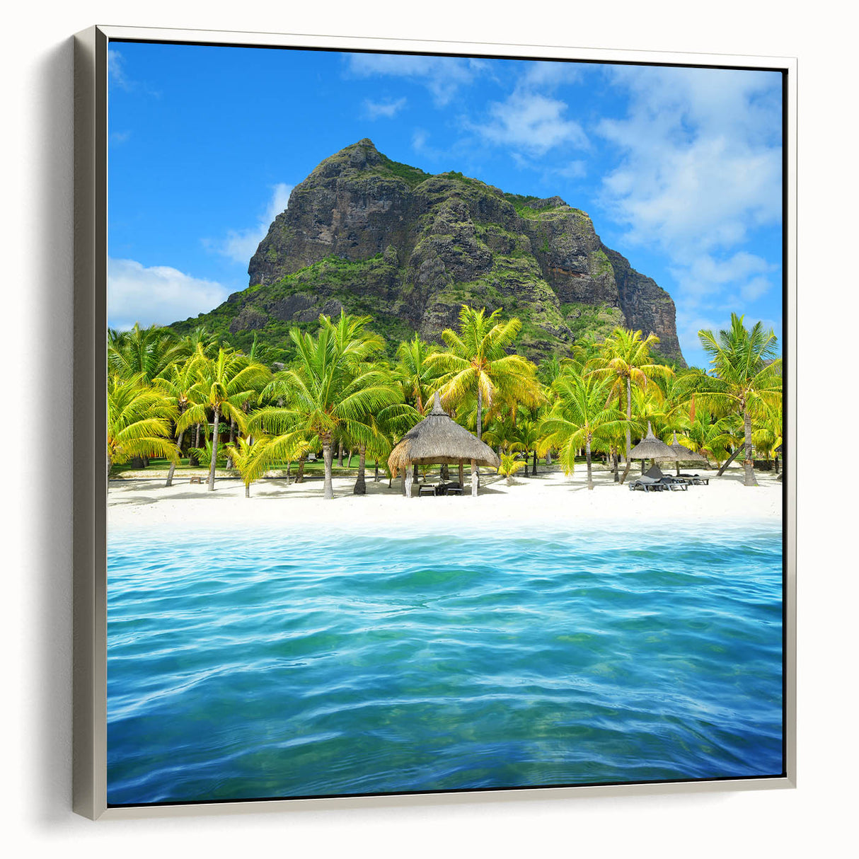 Vintage poster art of a vibrant Mauritius landscape on framed canvas, ideal for living room decor.