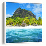 Framed canvas depicting a serene Mauritian landscape in muted earth tones, ideal for bedroom wall art.