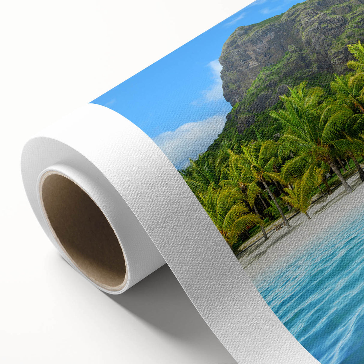 Art Deco poster of a serene Mauritius landscape in soft pastel colors on rolled canvas, ideal for nursery wall art.