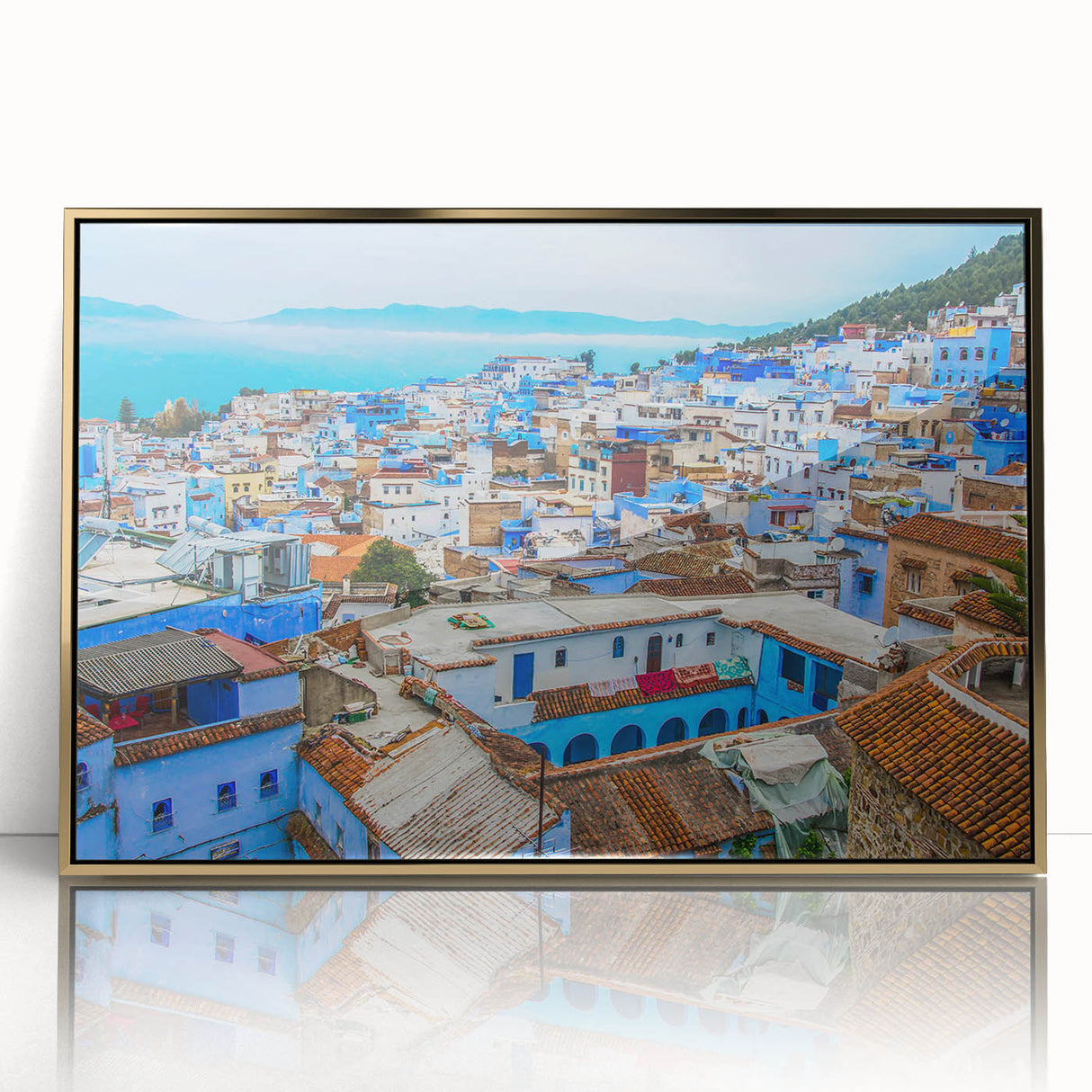Mid-century modernist art depicting a Moroccan landscape in muted gold tones on a framed acrylic panel.