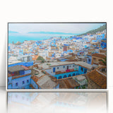 Large art print featuring a Moroccan landscape in earth tones on a framed acrylic, ideal for modern art wall decor.