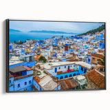 Black and white framed canvas of a Moroccan landscape, ideal for bedroom wall decor.