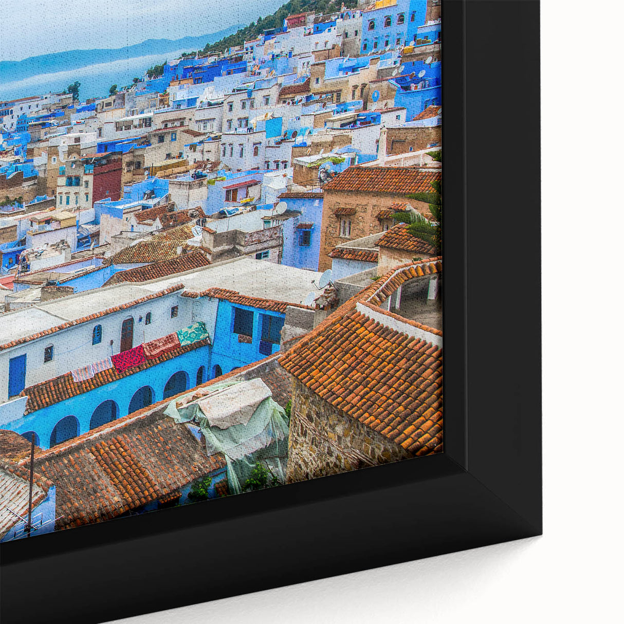 Extra large framed canvas featuring a textured Moroccan scenery in vibrant colors, ideal for living room decor.
