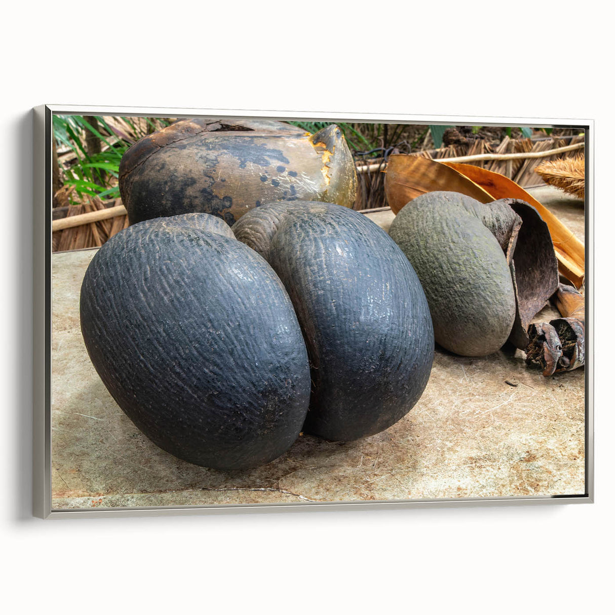 Framed canvas depicting a serene Seychelles landscape with lush greenery and calm waters, ideal for living room decor.
