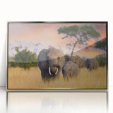 Mid-century modernist art depicting Tanzania scenery in muted earth tones on framed acrylic, ideal for nursery wall decor.