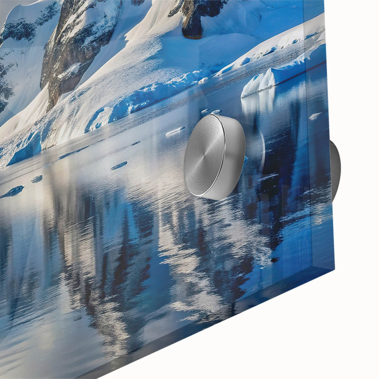 Large abstract wall art featuring icy blue and white Antarctic scenery on acrylic glass, ideal for dining room ambiance.
