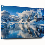 Acrylic glass print of a large abstract depiction of Antarctica's landscape in cool blue tones.