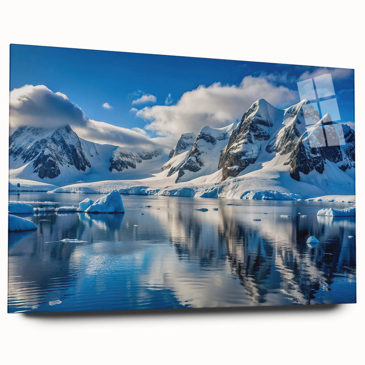 Large abstract wall art of Antarctic scenery in muted blue and white tones on acrylic glass.