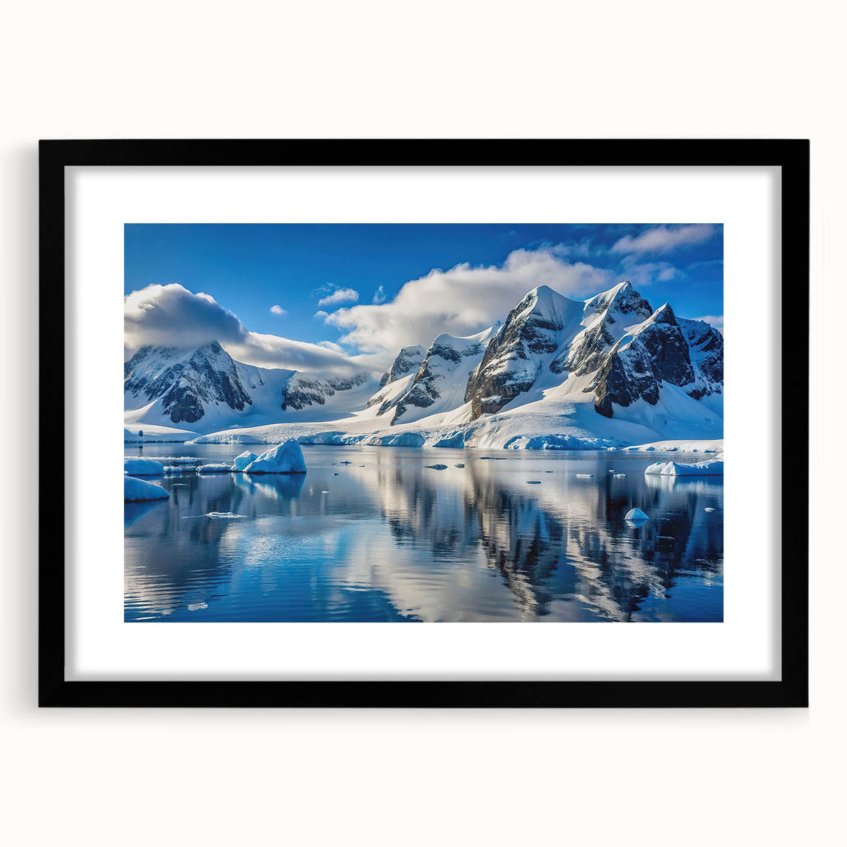 Extra large abstract art print depicting a colorful, textured Antarctic scenery on a black-framed canvas.