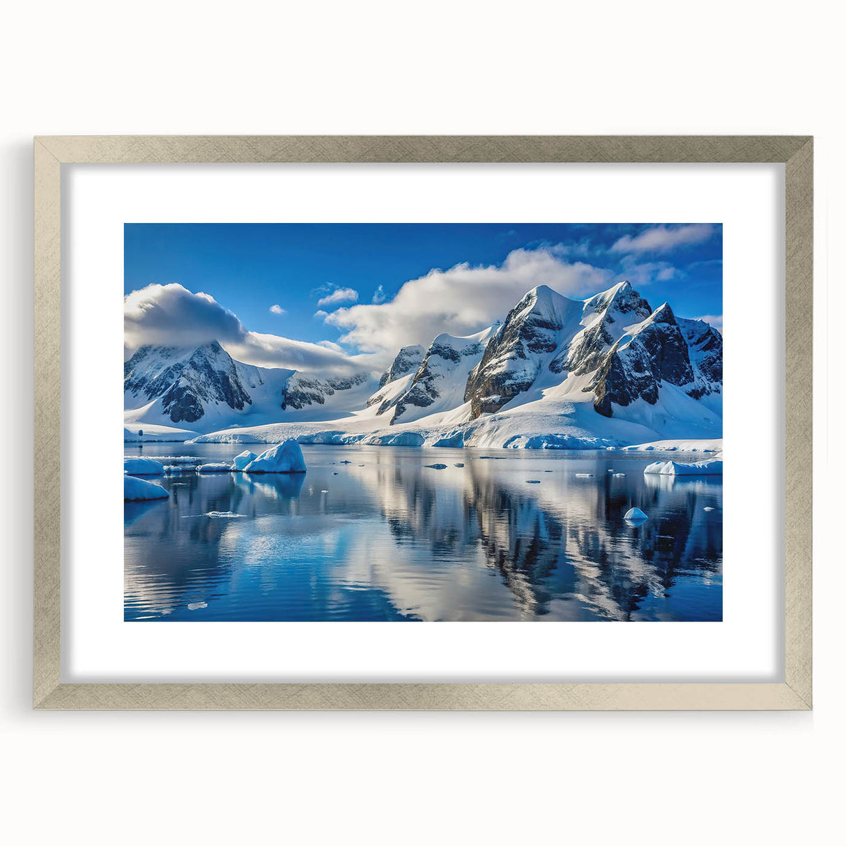 Textured abstract art print of an Antarctic landscape in muted blue and white hues, framed in silver, ideal for bedroom art.