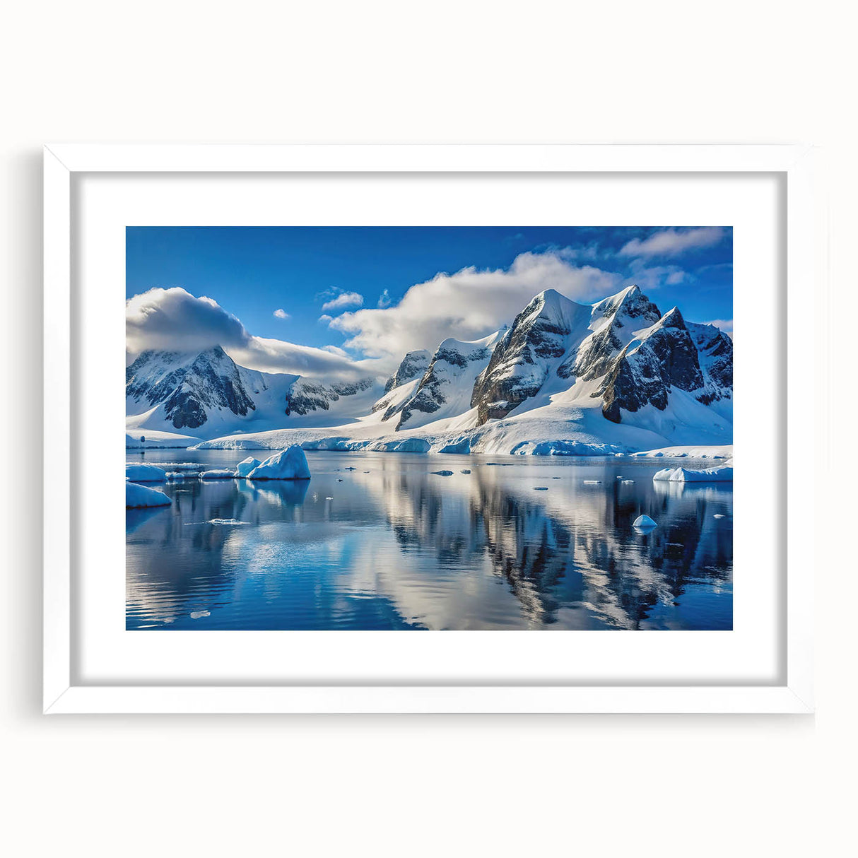 Abstract art print of Antarctic scenery in muted blue and white tones, framed with a white mat.