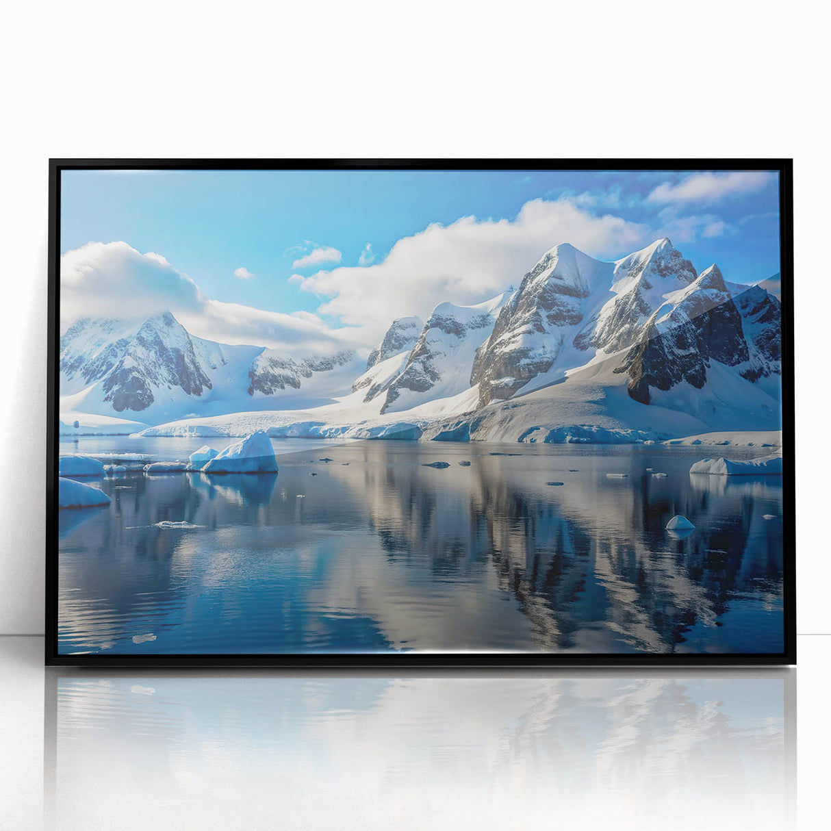 Large abstract wall art depicting an Antarctic landscape in muted blues and grays on a framed acrylic panel.