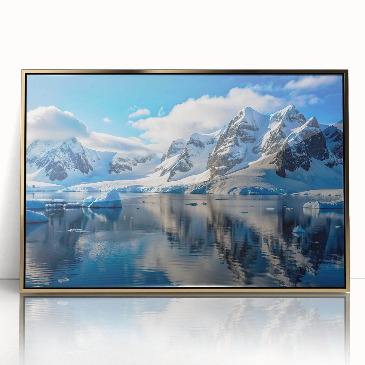 Framed acrylic print of an Antarctic landscape in muted blue and white tones, suitable for modern art wall decor.