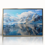 Framed acrylic print of an Antarctic landscape in muted blue and white tones, suitable for modern art wall decor.