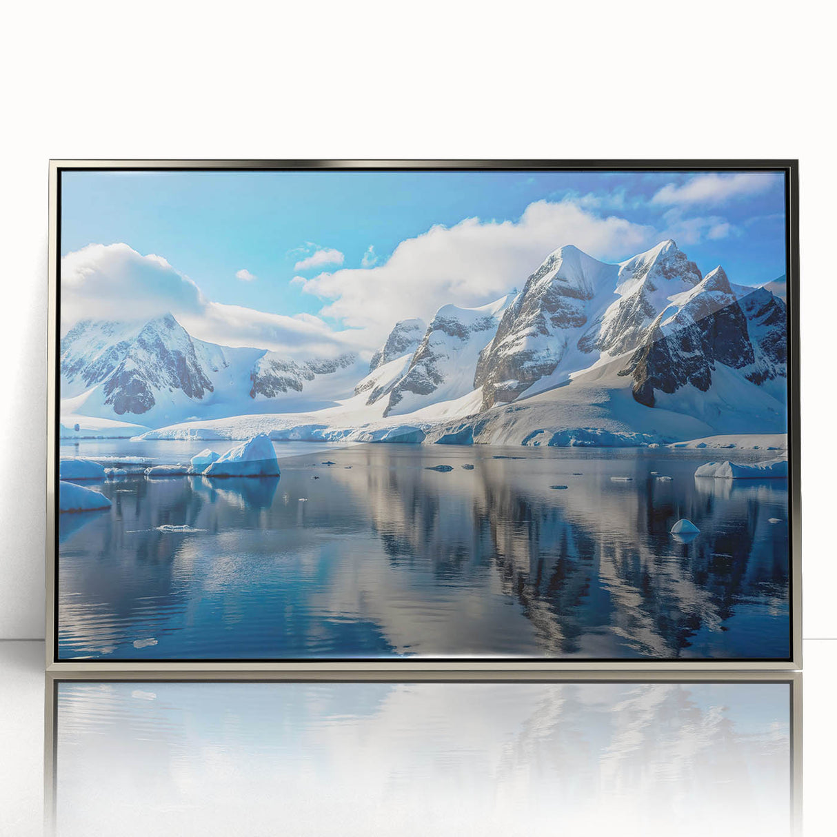 Mid-century modernist art depicting Antarctica scenery in silver framed acrylic, ideal for nursery wall art.