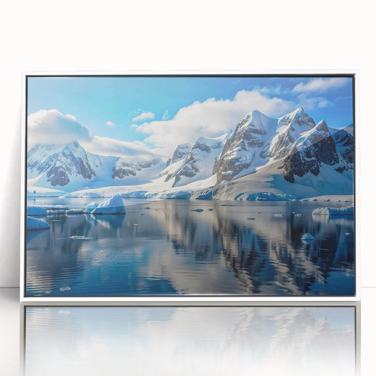 Framed acrylic print of a minimalist Antarctic landscape in cool blue and white tones, suitable for modern art wall decor.