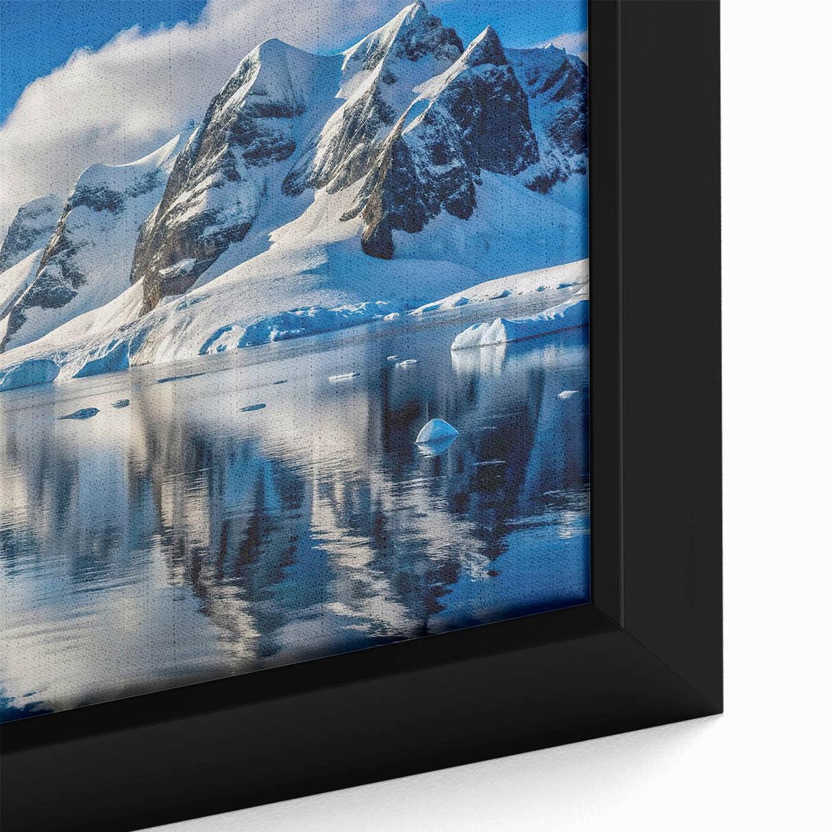 Framed canvas featuring a textured depiction of an Antarctic landscape in black with colorful accents.