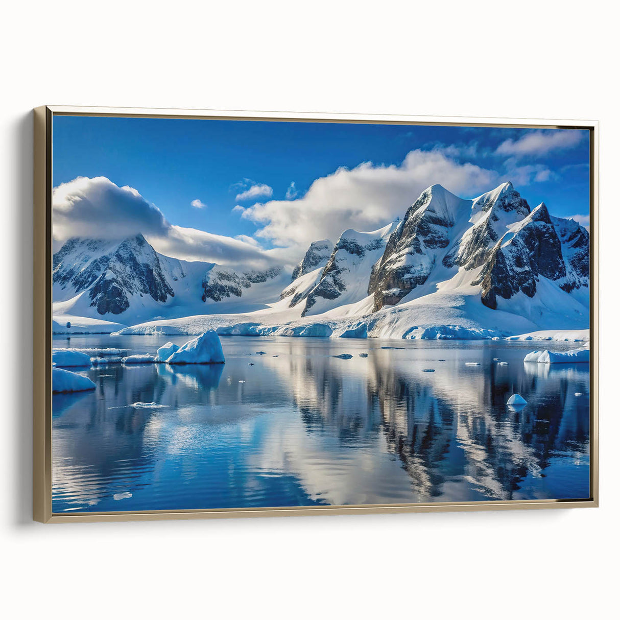 Framed canvas featuring a black and white vintage poster art of Antarctic landscape, suitable for bedroom wall art.