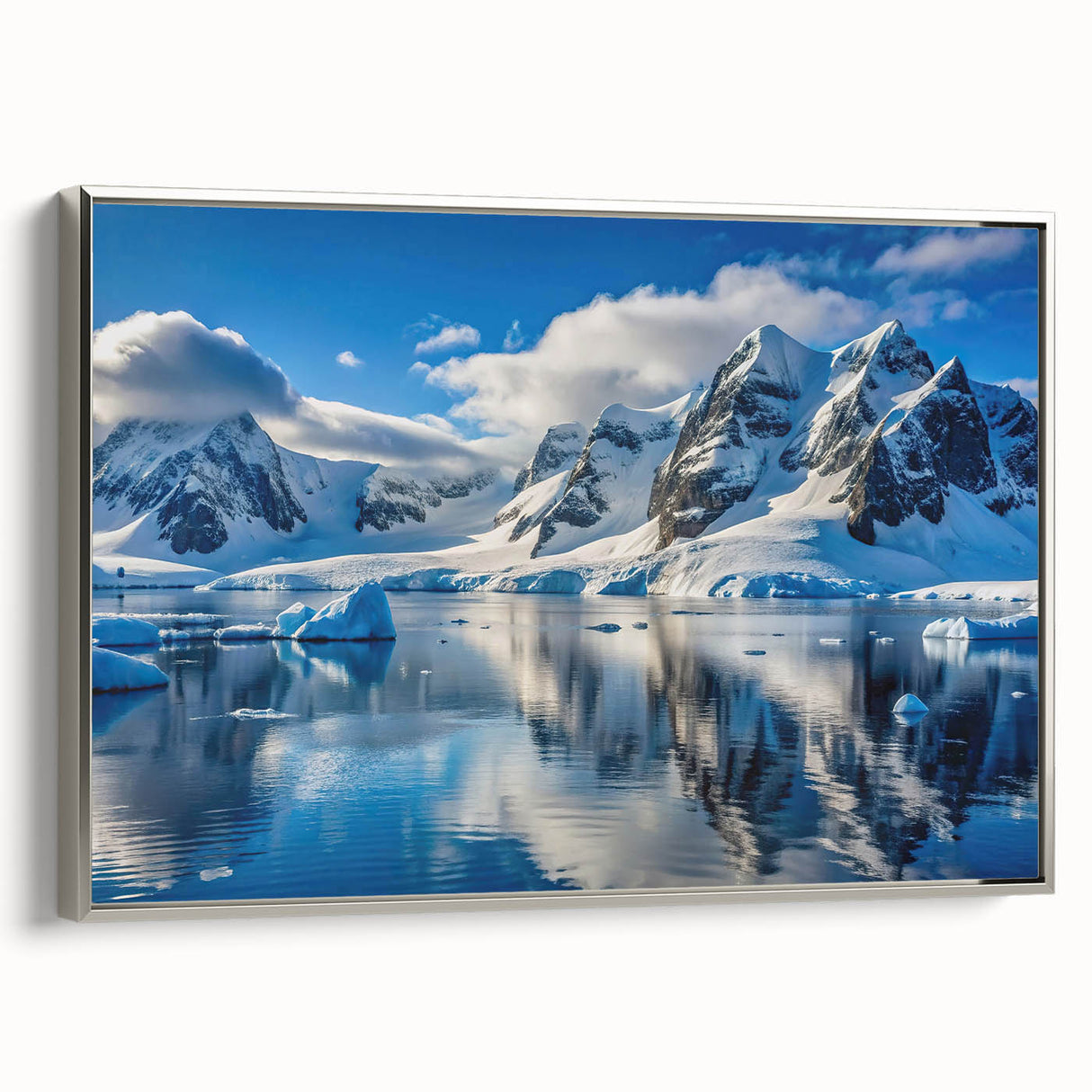 Landscape art painting of Antarctica on framed canvas, featuring muted gray and icy blue tones.