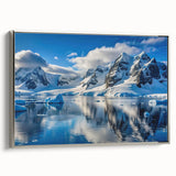 Landscape art painting of Antarctica on framed canvas, featuring muted gray and icy blue tones.
