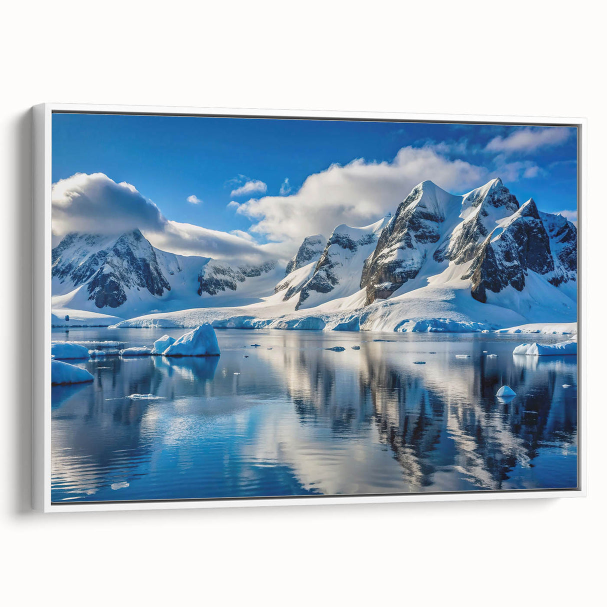 Vintage poster art of an Antarctic landscape on a framed canvas, featuring a monochrome color scheme.