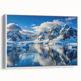Vintage poster art of an Antarctic landscape on a framed canvas, featuring a monochrome color scheme.