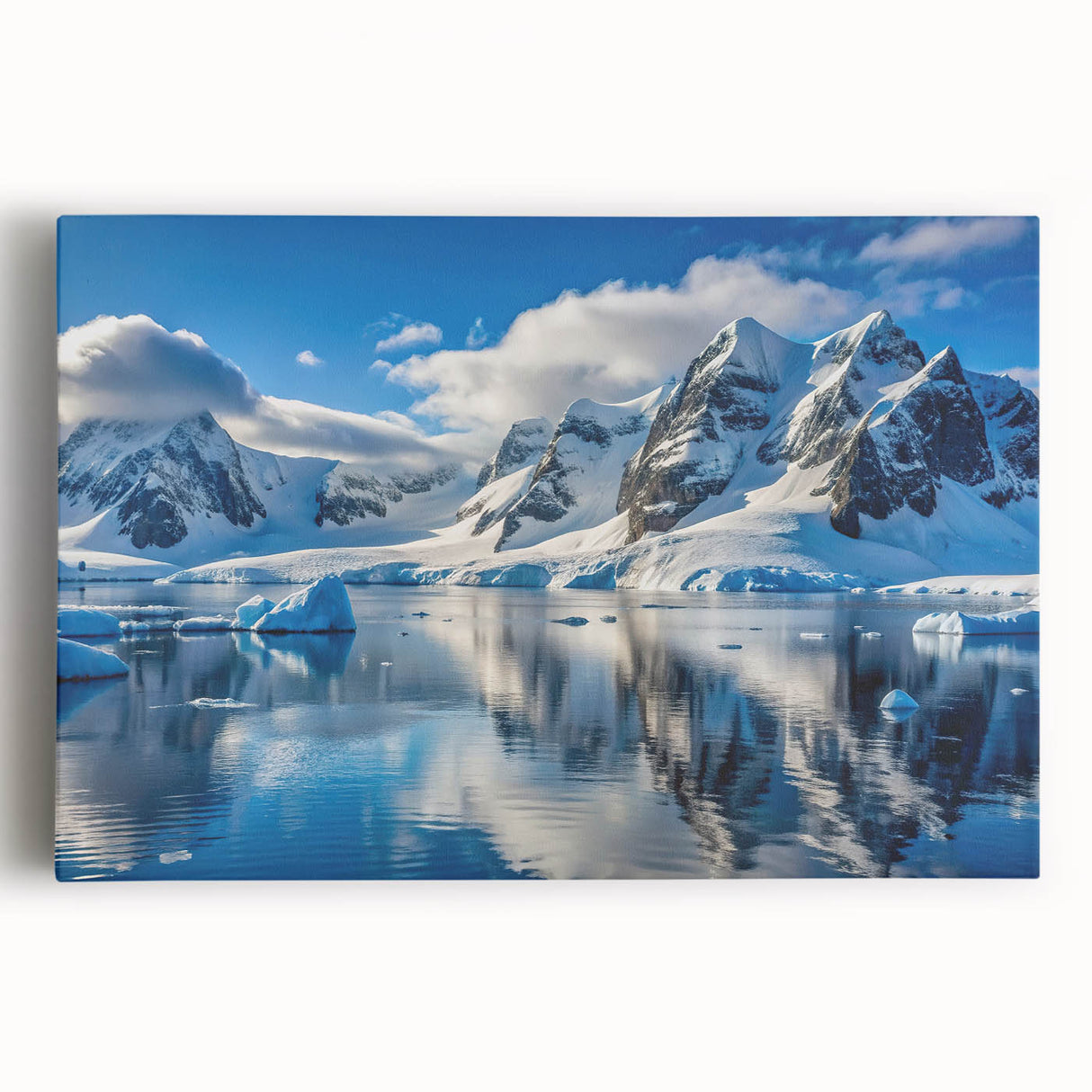 Large black and white stretched canvas of an Antarctic landscape, ideal for kitchen wall art.