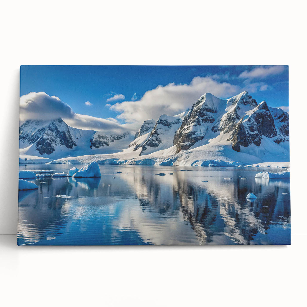 Black and white photograph of Antarctic scenery on large stretched canvas, ideal for kitchen wall art or bedroom ambiance.