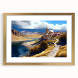 Extra large wall art featuring an abstract textured print of an Asian scenery in gold tones, framed with a mat.