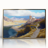 Framed acrylic print of a mid-century modernist Asian landscape in gold and green tones, ideal for modern art wall decor.