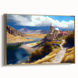 Framed canvas depicting a vintage-style landscape of Azerbaijan with muted gold and black tones, ideal for bedroom wall art.