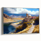 Framed canvas landscape art painting featuring a vintage-style colorful Azerbaijan scenery.