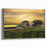 Framed canvas depicting a vibrant, colorful landscape painting of a Bangladesh rural scene, ideal for living room decor.