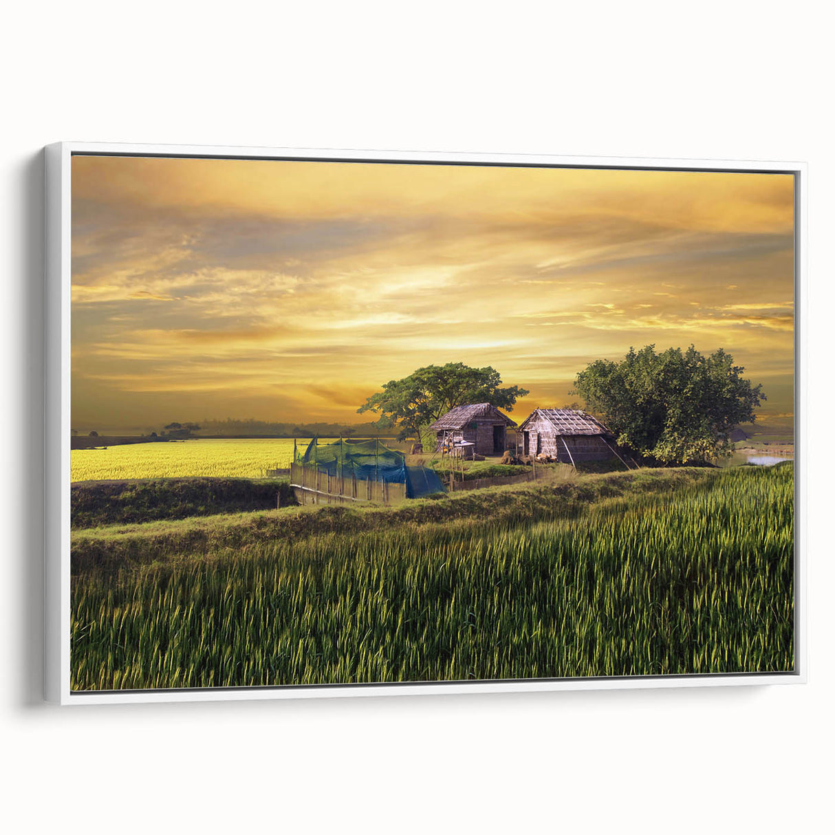 Vintage poster art of a colorful Bangladesh scenery on a large framed canvas, ideal for living room decor.