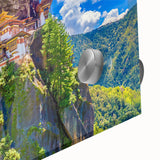 Large abstract wall art of Bhutan scenery in muted earth tones on acrylic glass, suitable for dining room ambiance.